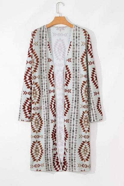Brown Western Aztec Printed Open Front Long Cardigan - Snoopy's Closet