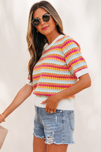 Orange Abstract Striped Knit Short Sleeve Sweater - Snoopy's Closet