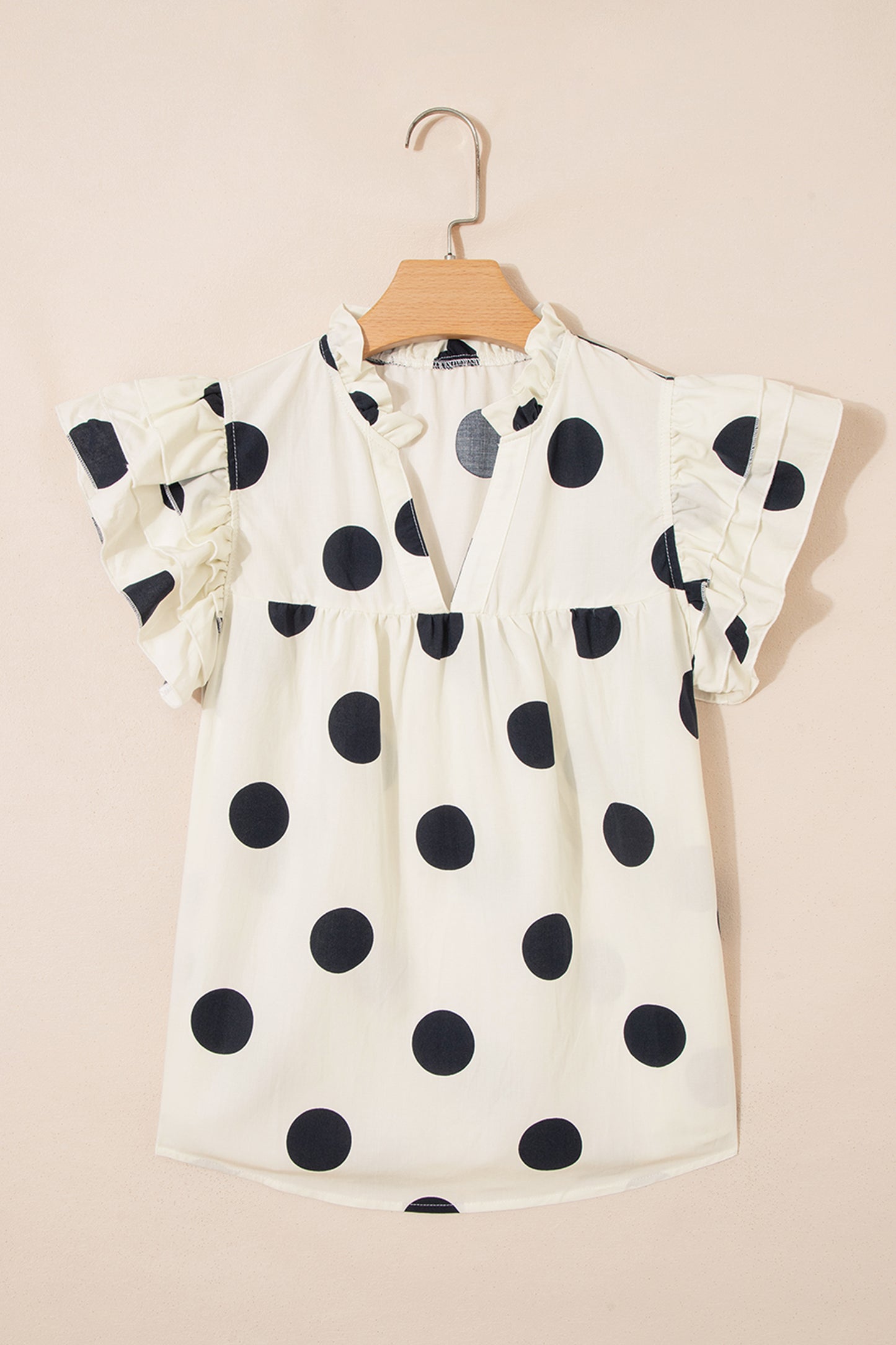 Blusa informal de manga corta con volantes y cuello en V de lunares albaricoque