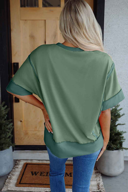 Peach Blossom Half Sleeve Raw Seam High Low Side Split Top