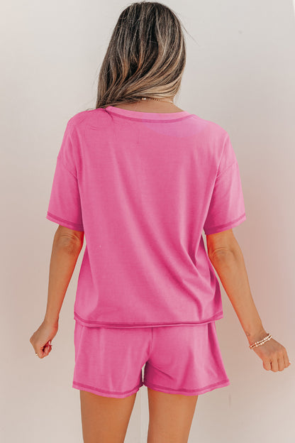 Bright Pink Seam Detail Raw Edge Tee Rainbow Waistband Casual Short Set - Snoopy's Closet