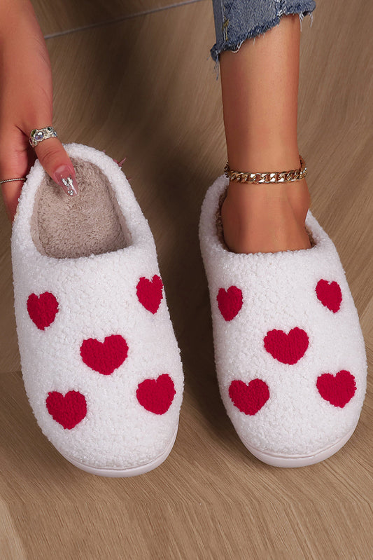 White Valentines Day Hearts Print Plush House Slippers - Snoopy's Closet