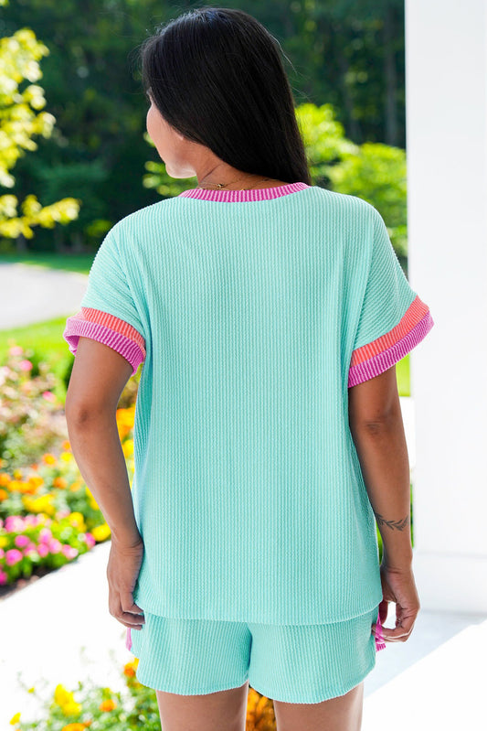 Conjunto de camiseta y shorts de punto acanalado Light Blue Plus Size con bloques de color