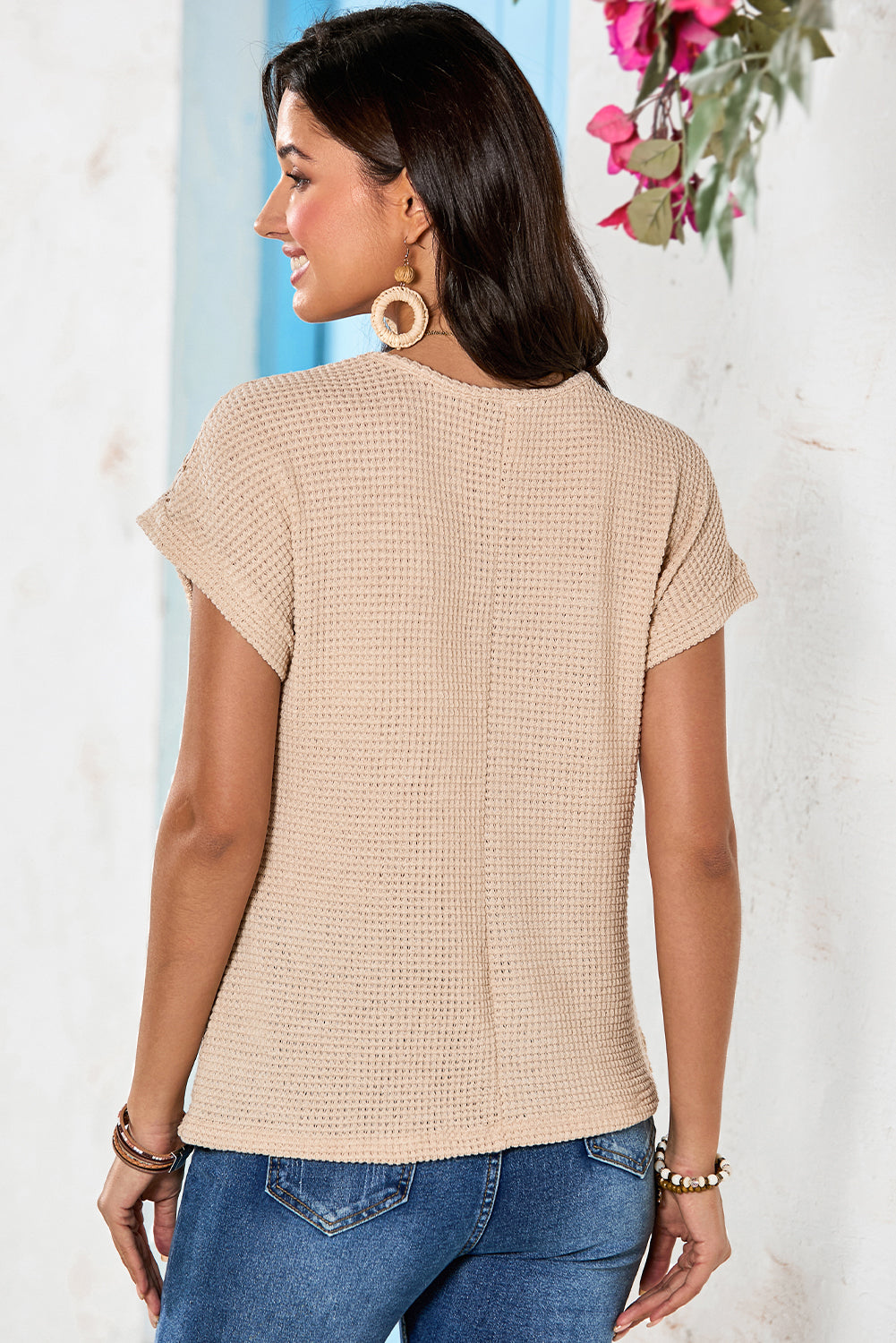 Oatmeal Lace Patchwork Waffle Short Sleeve Top - Snoopy's Closet