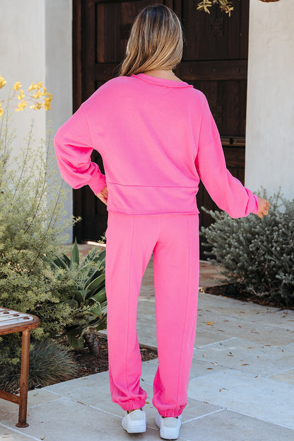 Bright Pink Raw Edge Half Buttons Pullover and Jogger Pants Set - Snoopy's Closet