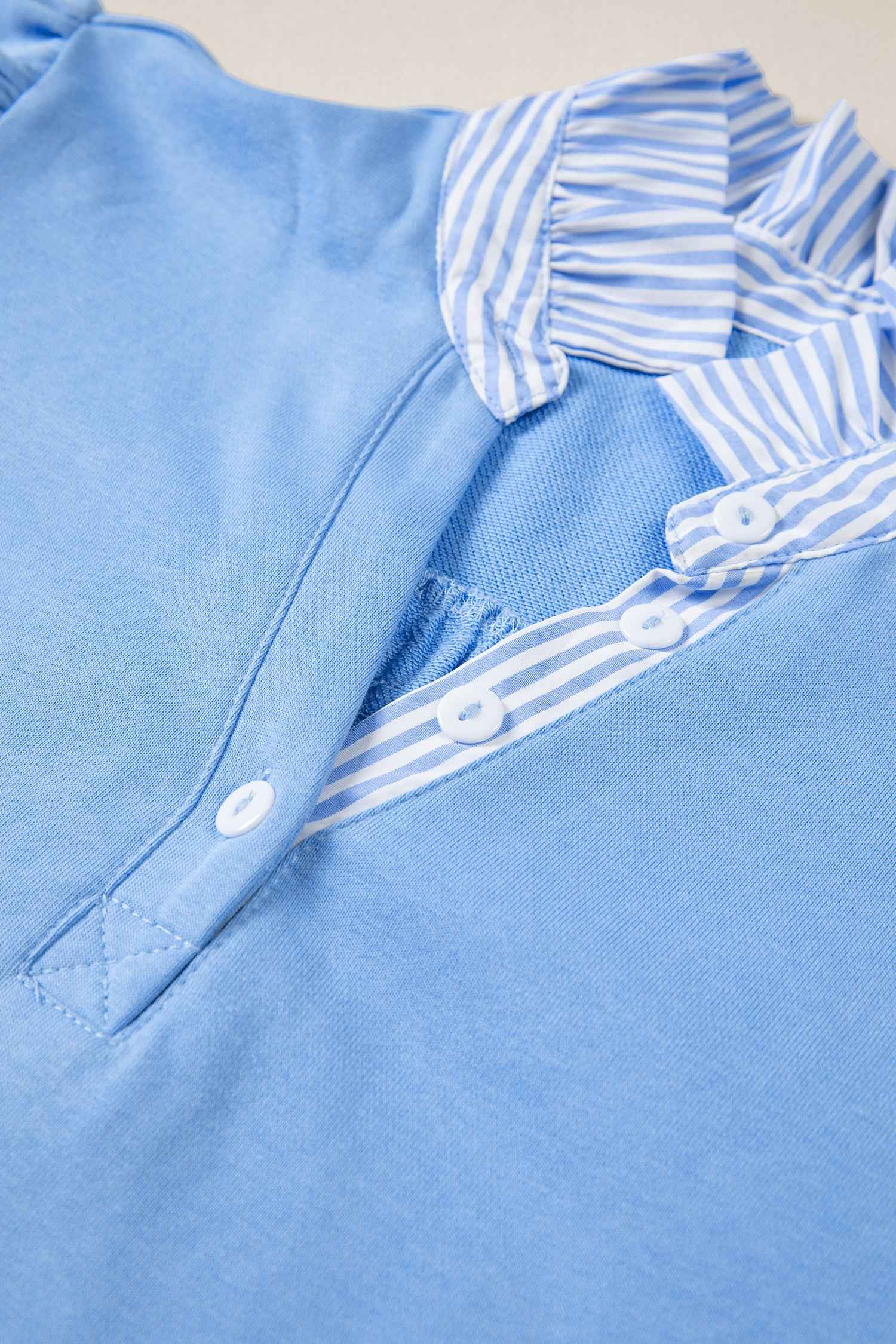 Sky Blue Striped Frilled Collar Short Sleeve Blouse