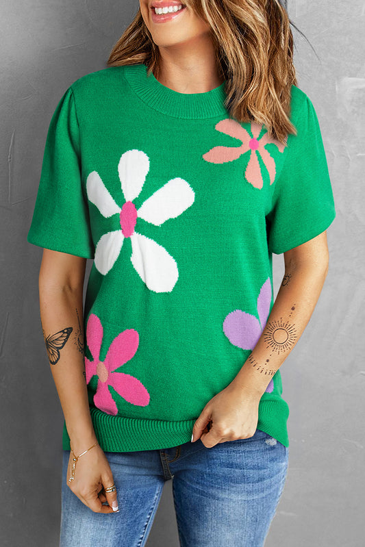 Suéter de manga corta tipo burbuja con estampado floral verde brillante