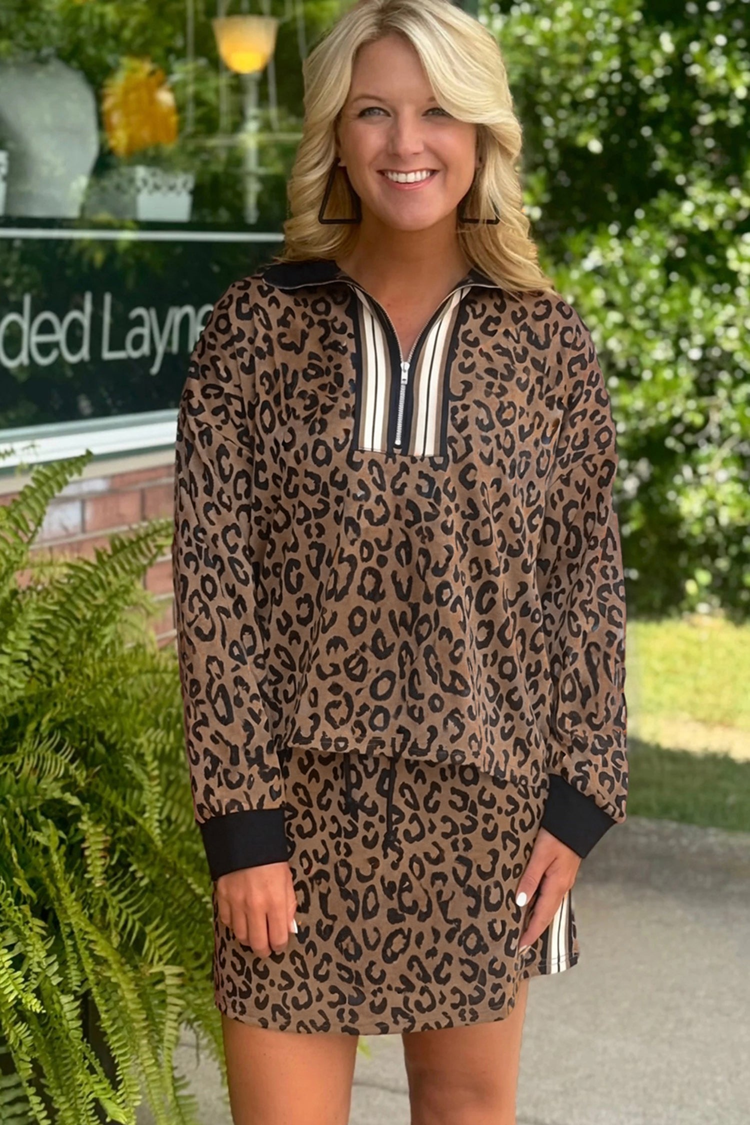Khaki Leopard Print Quarter Zip Long Sleeve Top Mini Skirt Set - Snoopy's Closet