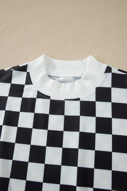 Pink Checkered Print Color Block Trim Mock Neck Short Set - Snoopy's Closet