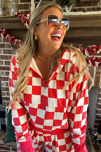 Red Checkered Print Half Zip Hoodie Loose Pant Set - Snoopy's Closet