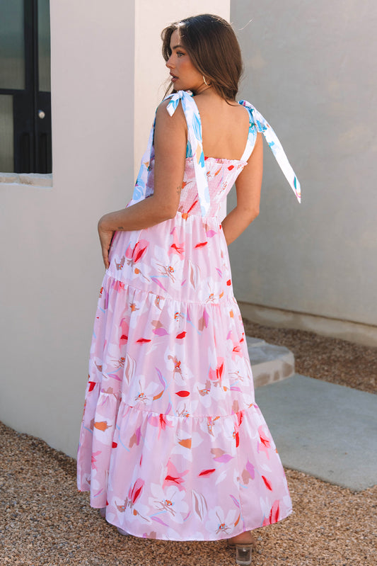 Vestido maxi fruncido con hombros anudados y estampado floral rosa