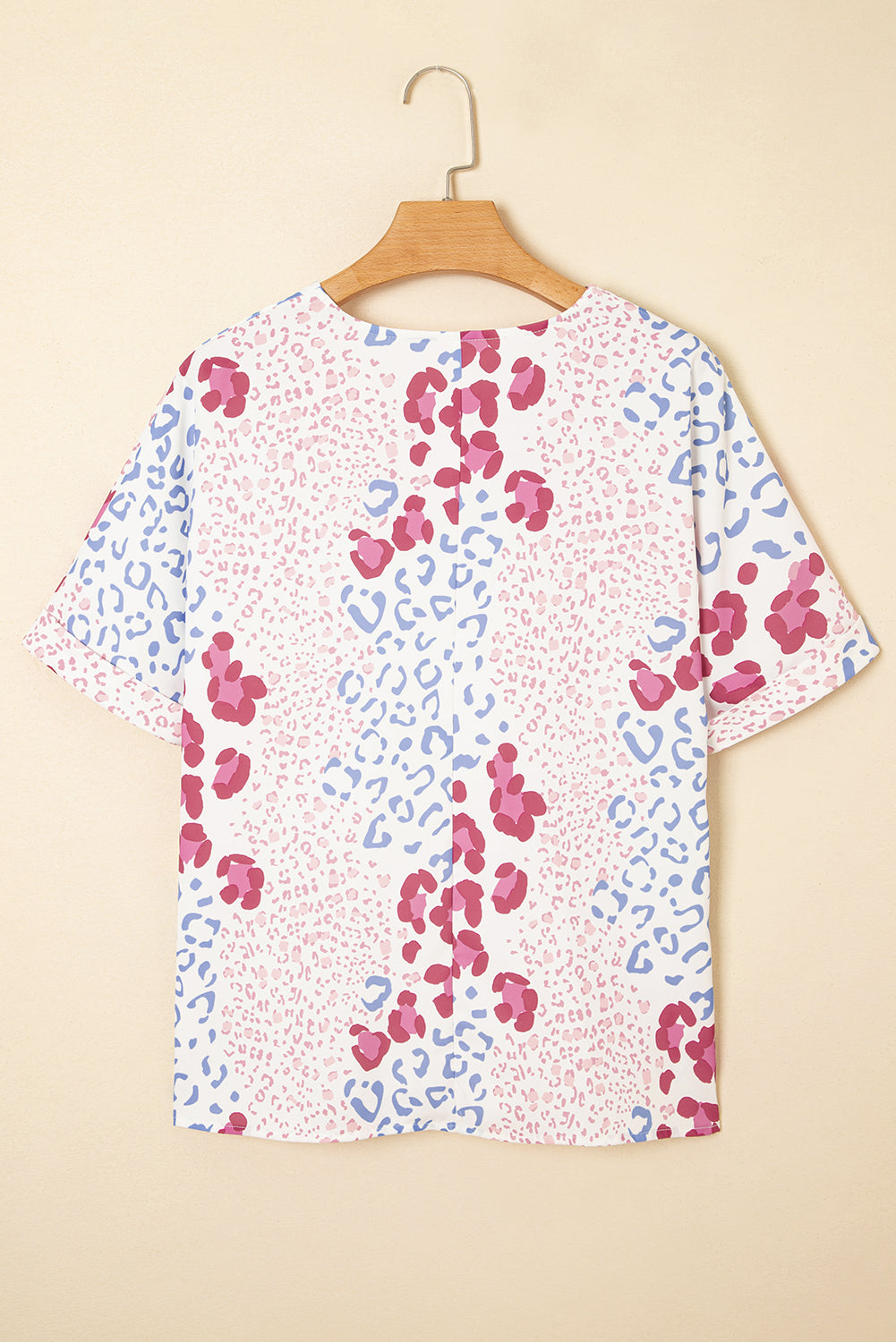 Pink Mixed Leopard Print V Neck Short Sleeve Blouse - Snoopy's Closet