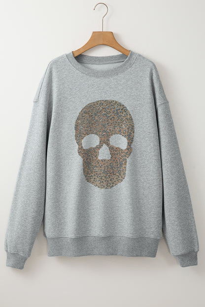 Light Grey Rhinestone Skull Graphic Drop Shoulder Sweatshirt - Snoopy's Closet