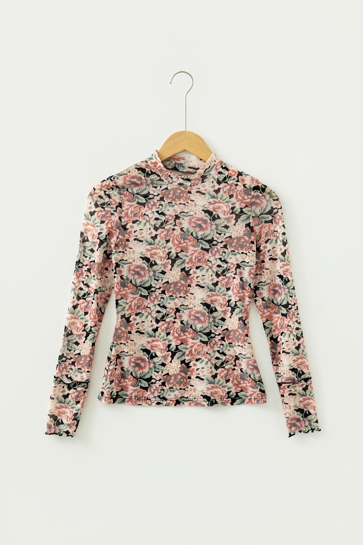 White Retro Floral Print Mock Neck Mesh Long Sleeve Top - Snoopy's Closet