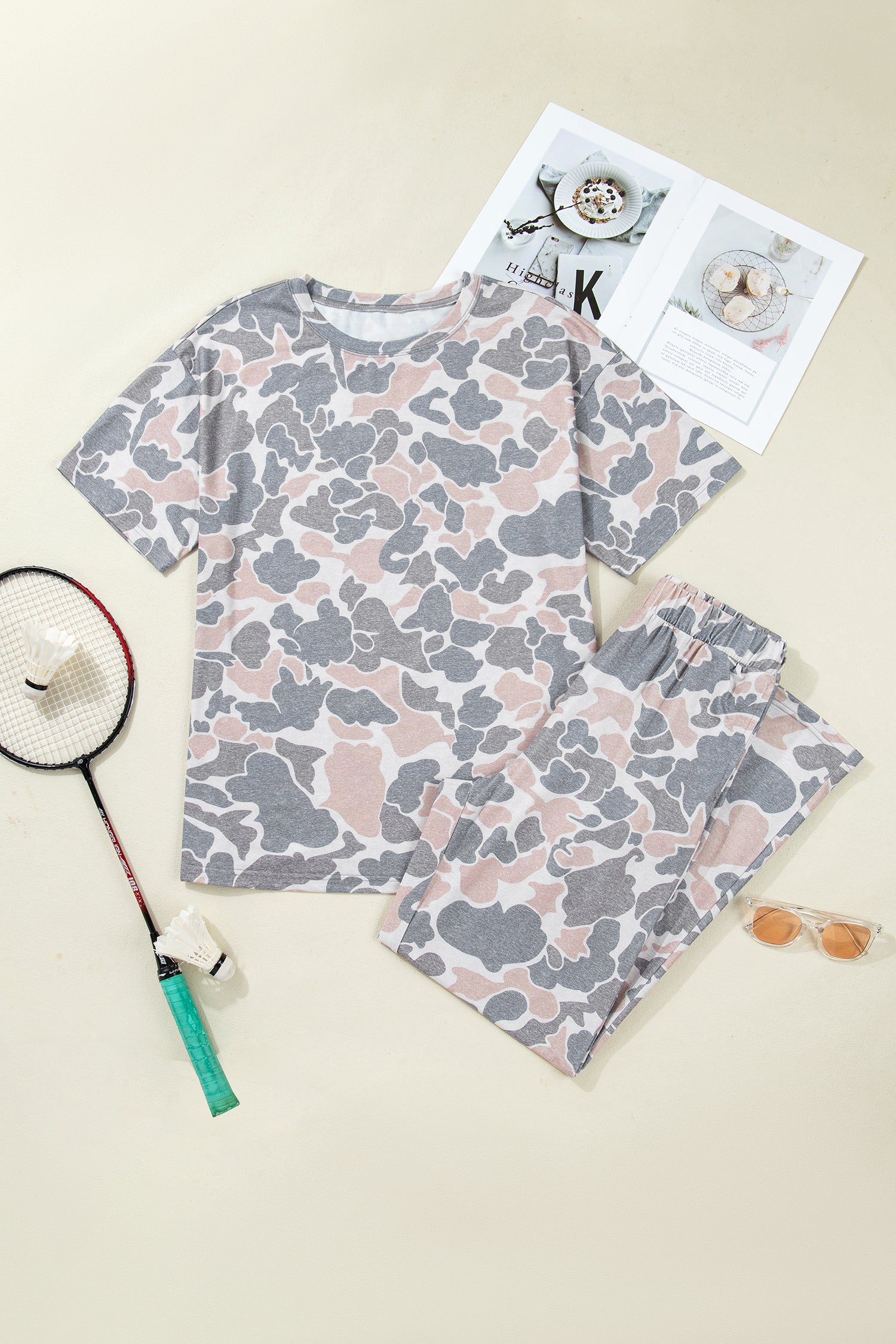 Multicolour Camouflage Short Sleeve Top and High Waist Wide Leg Pants Set