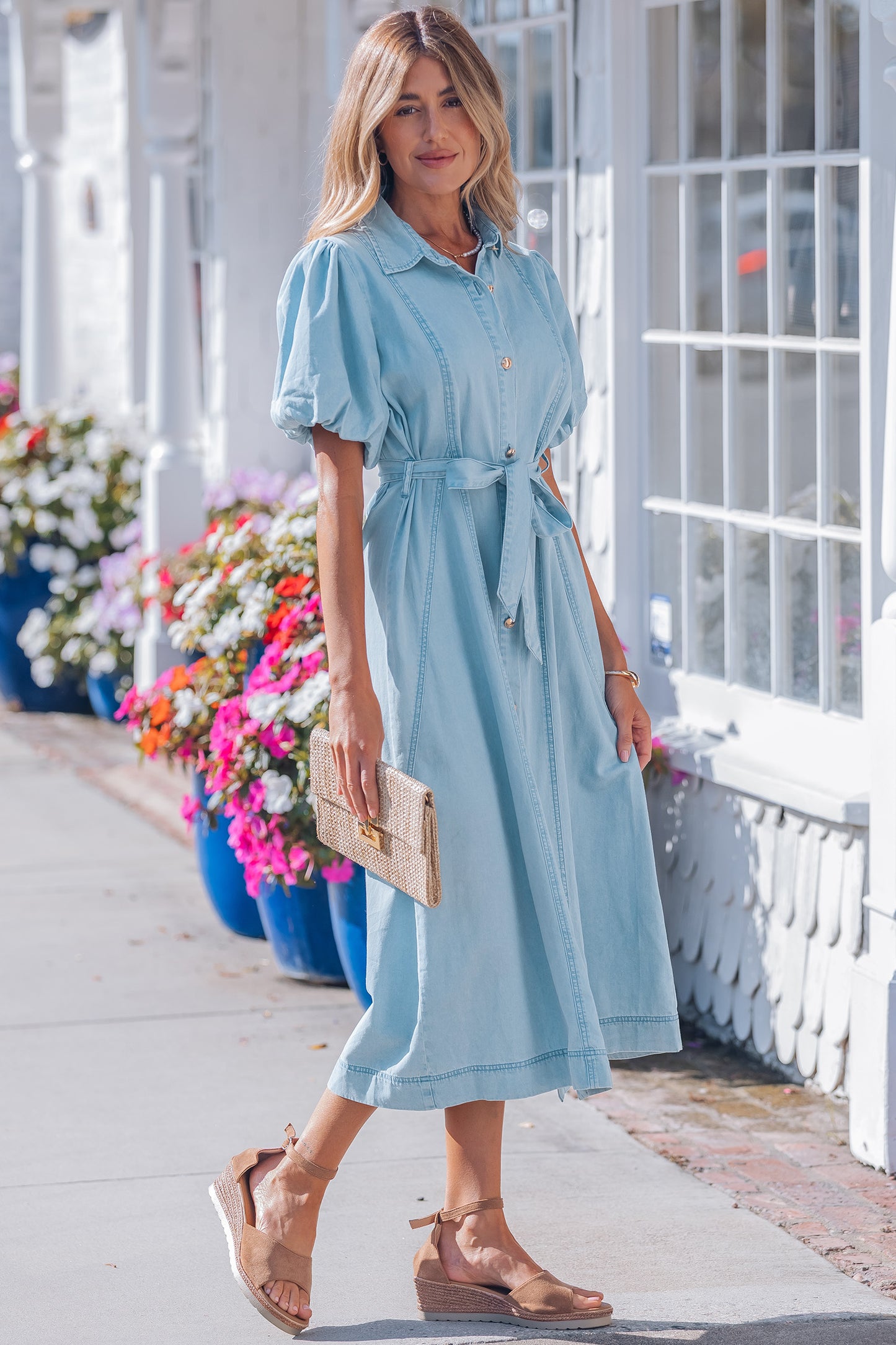 Sail Blue Full Buttons Collared Short Bubble Sleeve Long Denim Dress - Snoopy's Closet