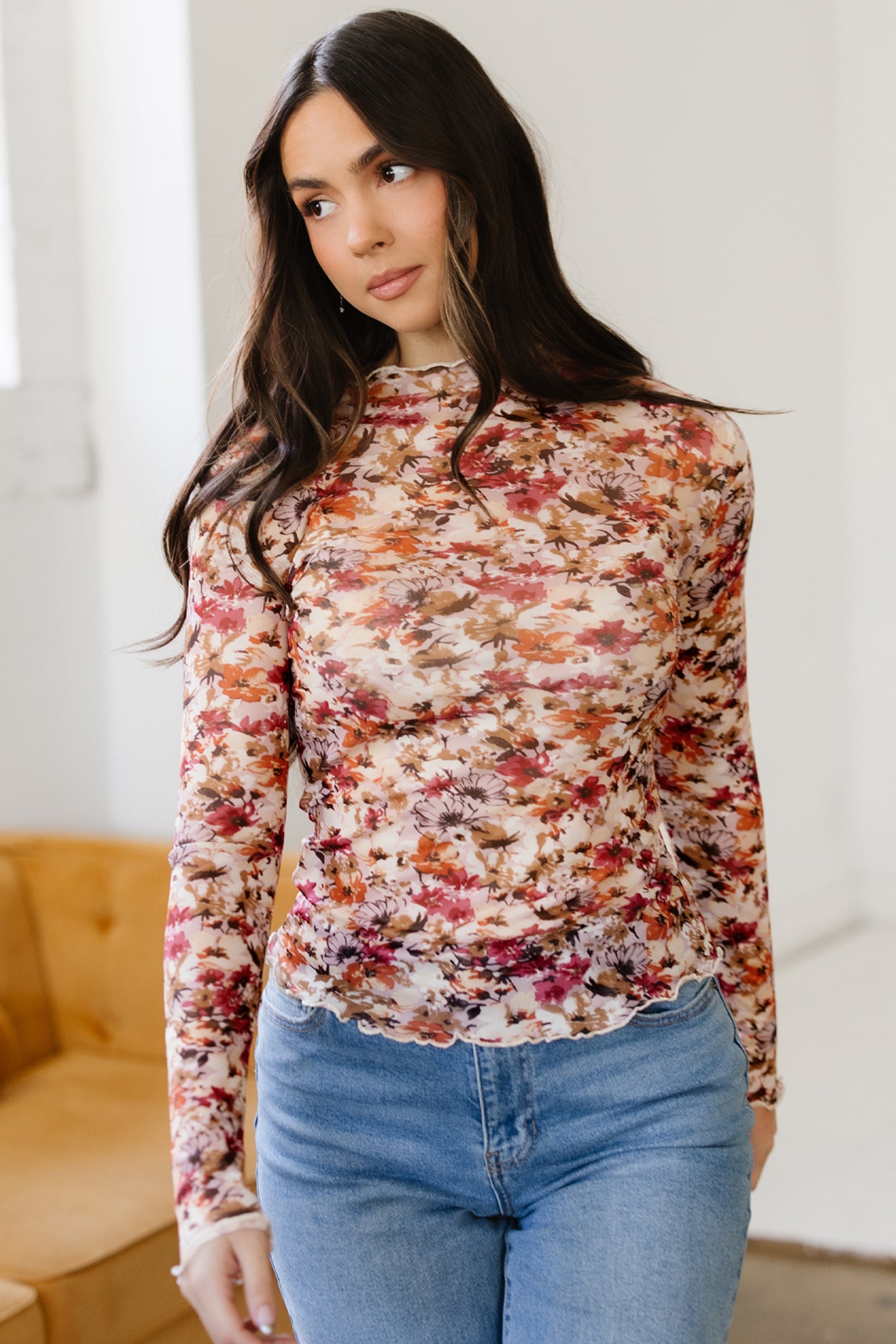 Red Lettuce Trim Floral Print Mesh Long Sleeve Top - Snoopy's Closet