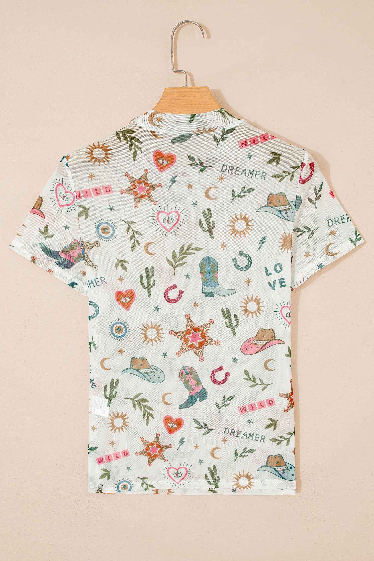 White LOVE WILD DREAMER Western Print Sheer Mesh Top