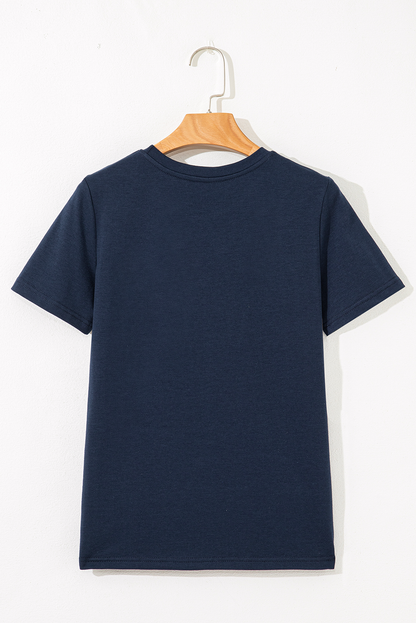 Dirty blue Solid Color Toothpick Stripe Round Neck T Shirt - Snoopy's Closet