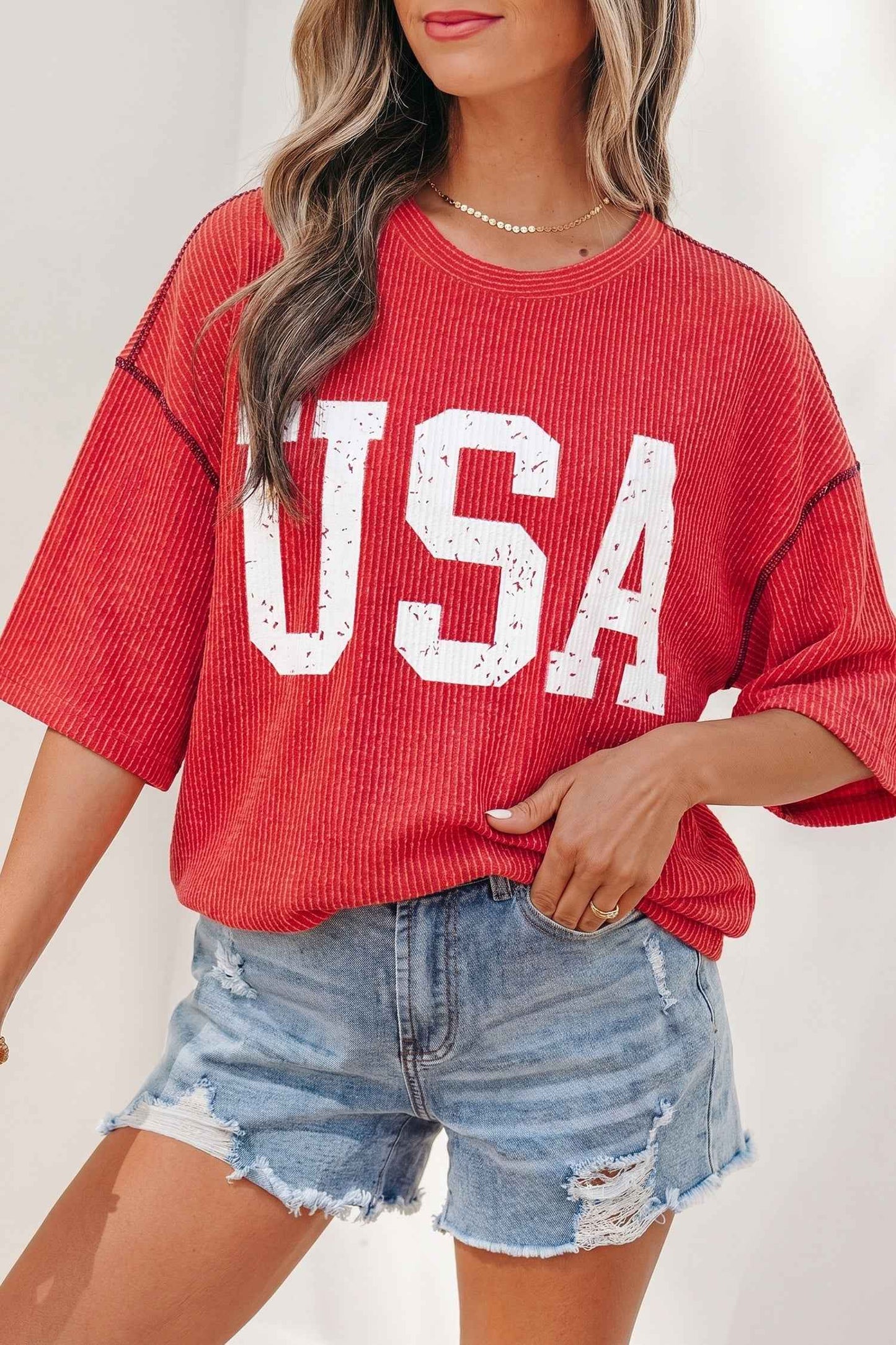 Beau Blue USA Graphic Half Sleeve Loose Ribbed Top
