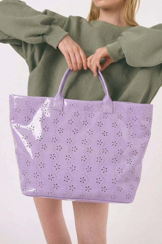 Bolso tote impermeable brillante de PVC con diseño de flores de orquídea con ojales