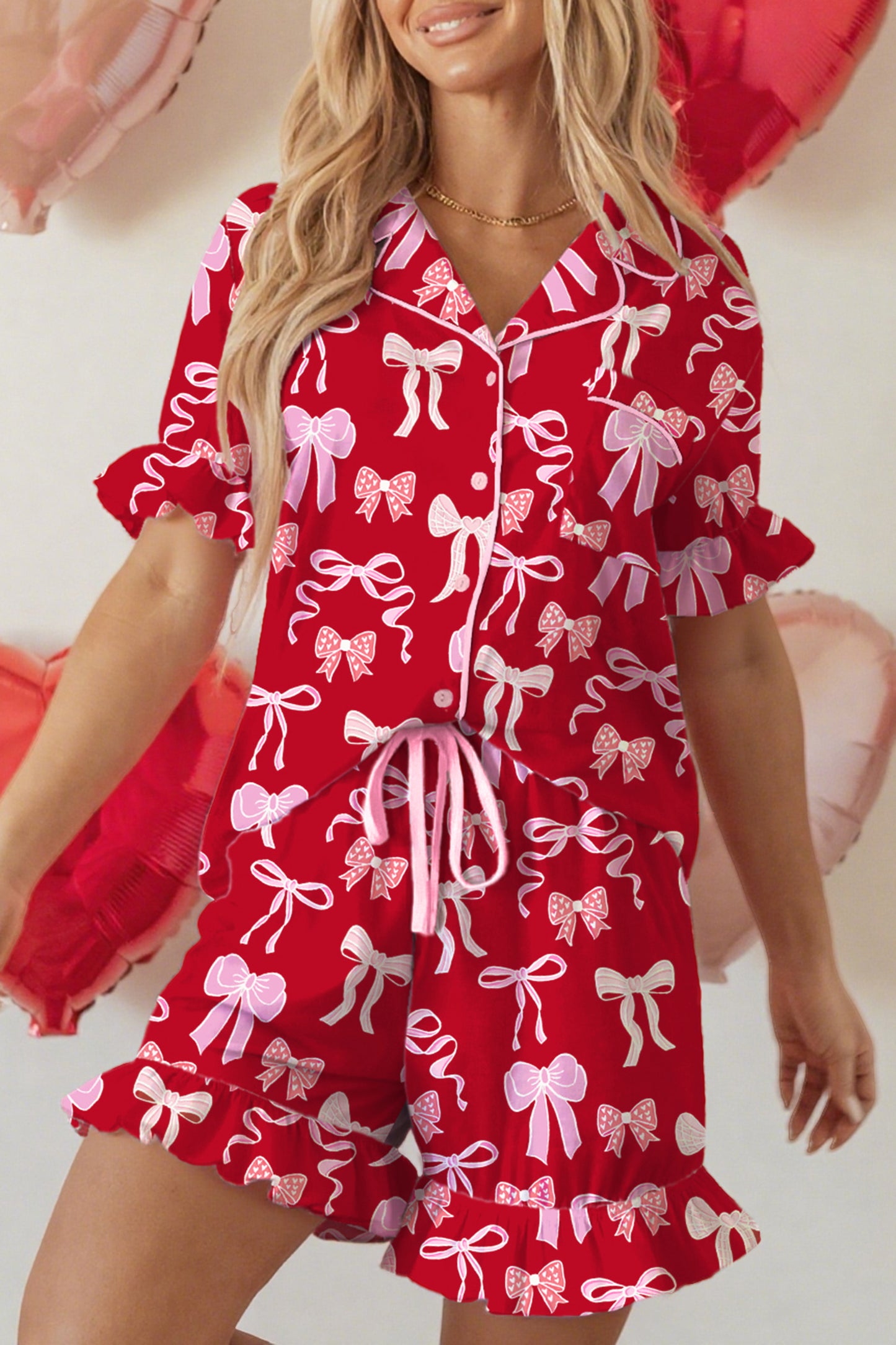 Red Sweet Bow Print Ruffled Short Sleeve Shirt Shorts 2pcs Pajama Set - Snoopy's Closet