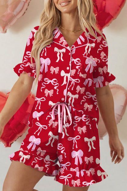 Red Sweet Bow Print Ruffled Short Sleeve Shirt Shorts 2pcs Pajama Set - Snoopy's Closet