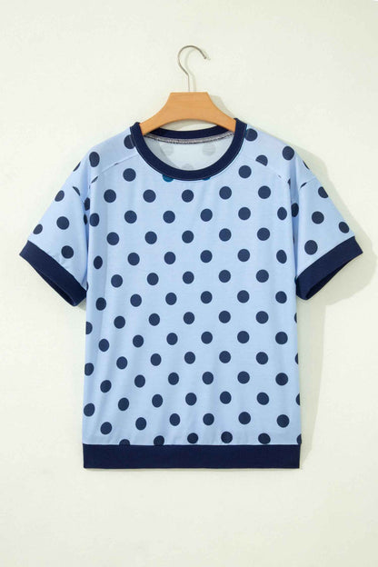 Pink Color Block Trim Polka Dot Casual Tee