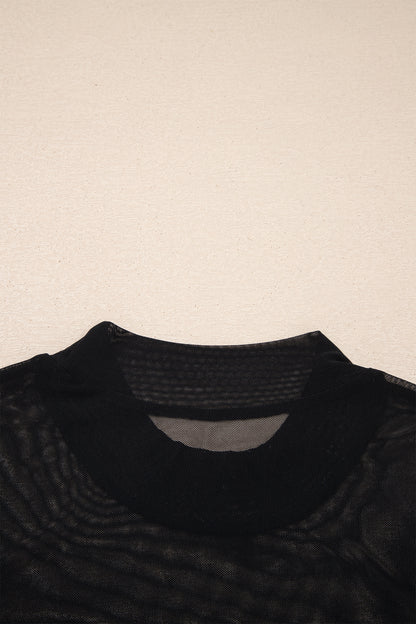 Black Sheer Mesh Patchwork Cap Sleeve T Shirt - Snoopy's Closet