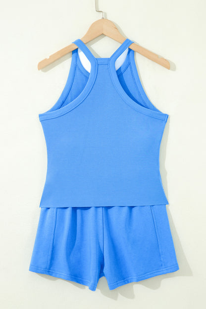 Conjunto de 2 piezas de top sin mangas ajustado azul cielo y shorts elásticos de cintura alta