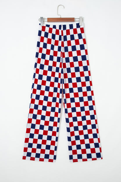 Pantalón de pernera ancha de talle alto con estampado a cuadros de dos tonos en rojo