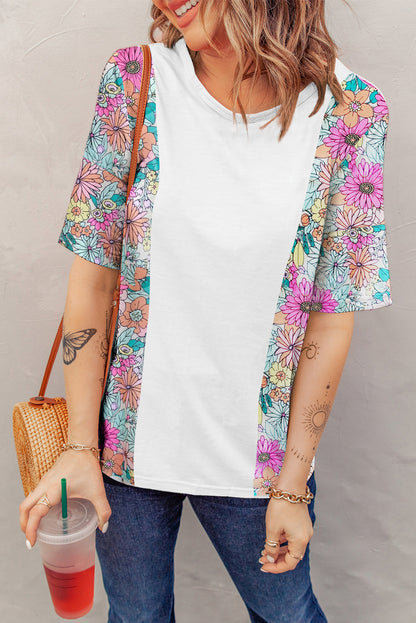 White Floral Print Patchwork Short Sleeve Top - Snoopy's Closet
