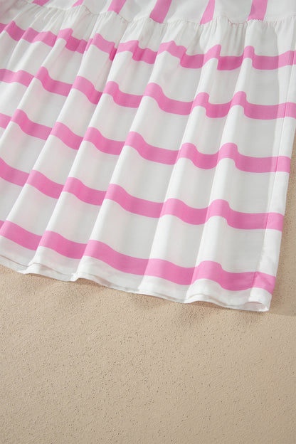 Pink Stripe Ricrac Trim Notched Neck Half Sleeve Vacation Dress - Snoopy's Closet