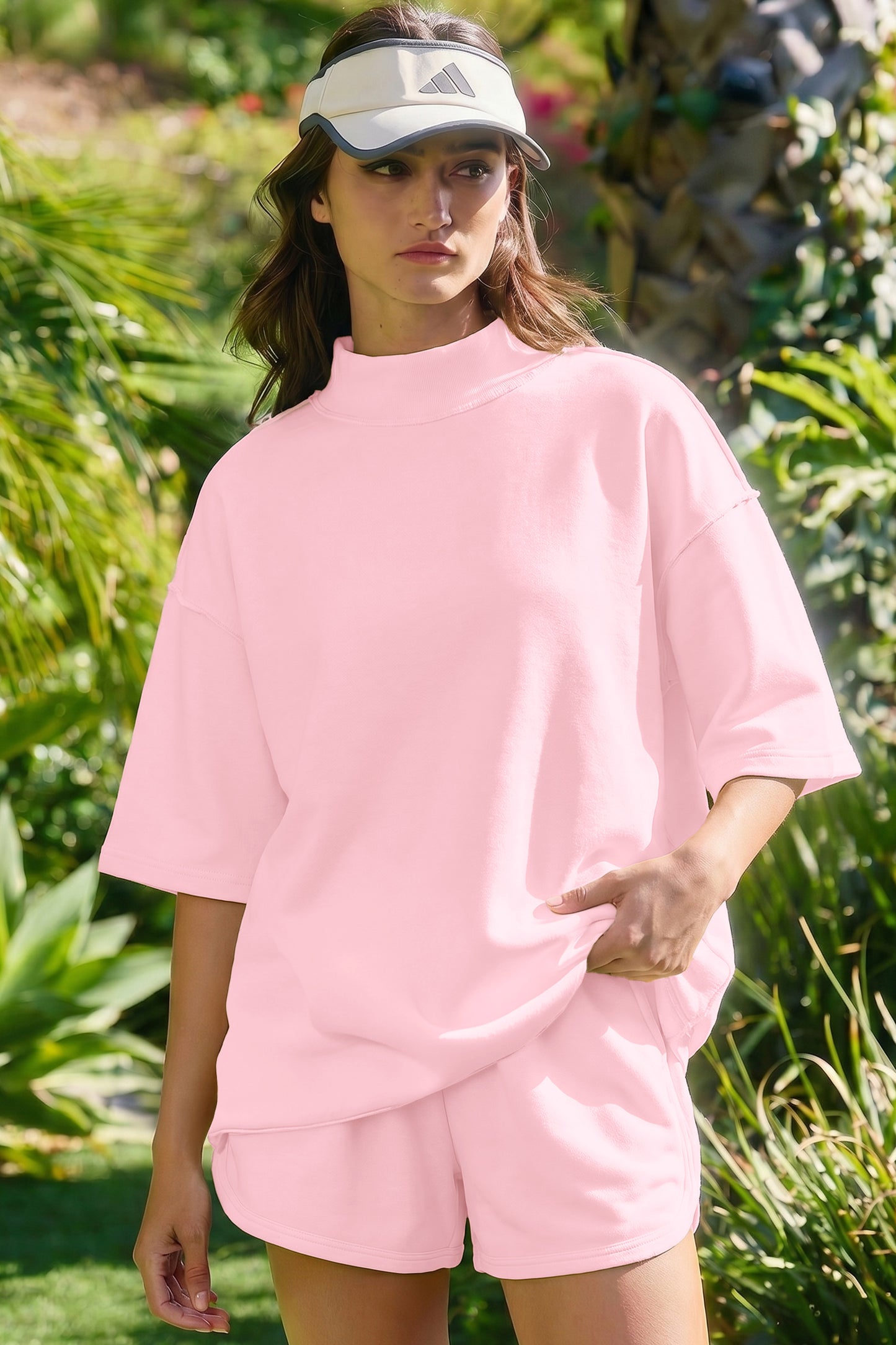 Moonlight Jade Solid Color Exposed Seam Mock Neck Oversize Tee Casual Shorts 2pcs Outfit - Snoopy's Closet