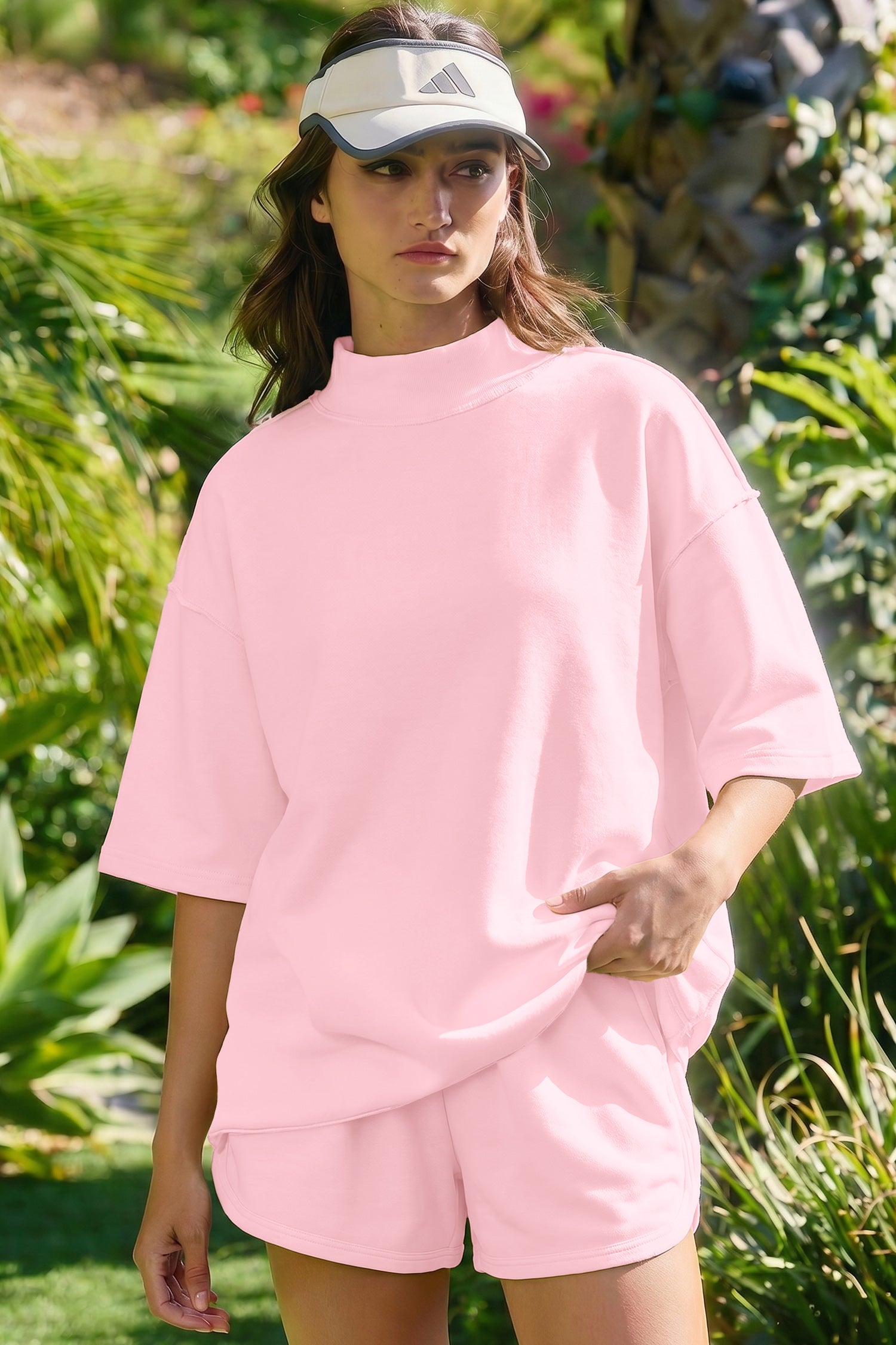 Moonlight Jade Solid Color Exposed Seam Mock Neck Oversize Tee Casual Shorts 2pcs Outfit - Snoopy's Closet