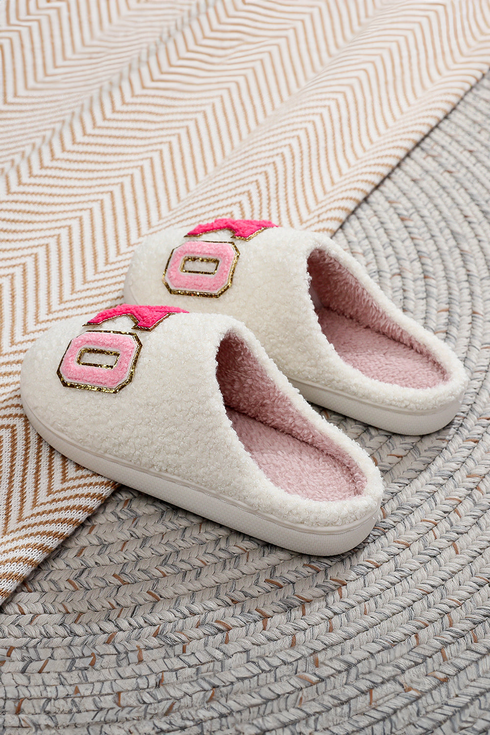 Pink XO XO Glitter Trim Letter Patched Plush House Slippers - Snoopy's Closet