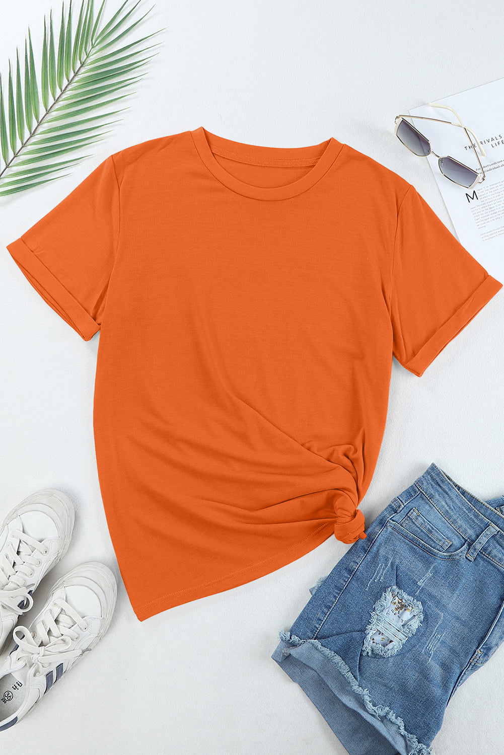 Orange Casual Plain Crew Neck Tee - Snoopy's Closet