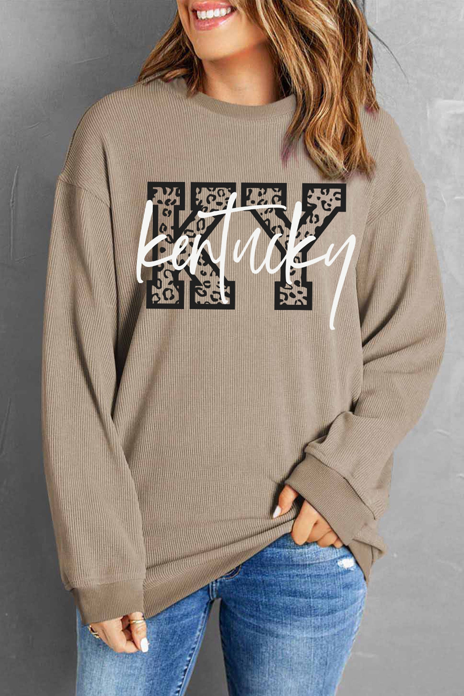 Khaki Kentucky KY Leopard Lettering Ribbed Baggy Sweatshirt - Snoopy's Closet