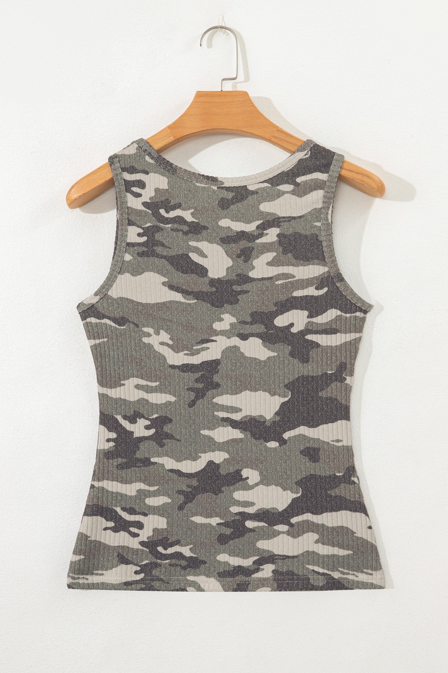 Green Camouflage Print Ribbed Knit Round Neck Tank Top - Snoopy's Closet