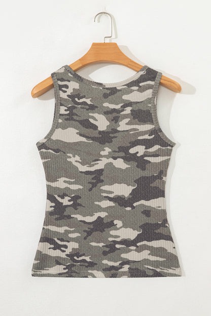 Green Camouflage Print Ribbed Knit Round Neck Tank Top - Snoopy's Closet