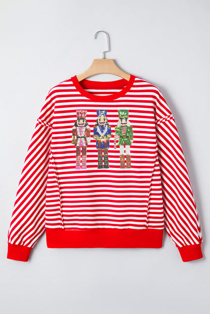 Red Stripe Christmas Nutcracker Sequin Patched Drop Shoulder Top - Snoopy's Closet