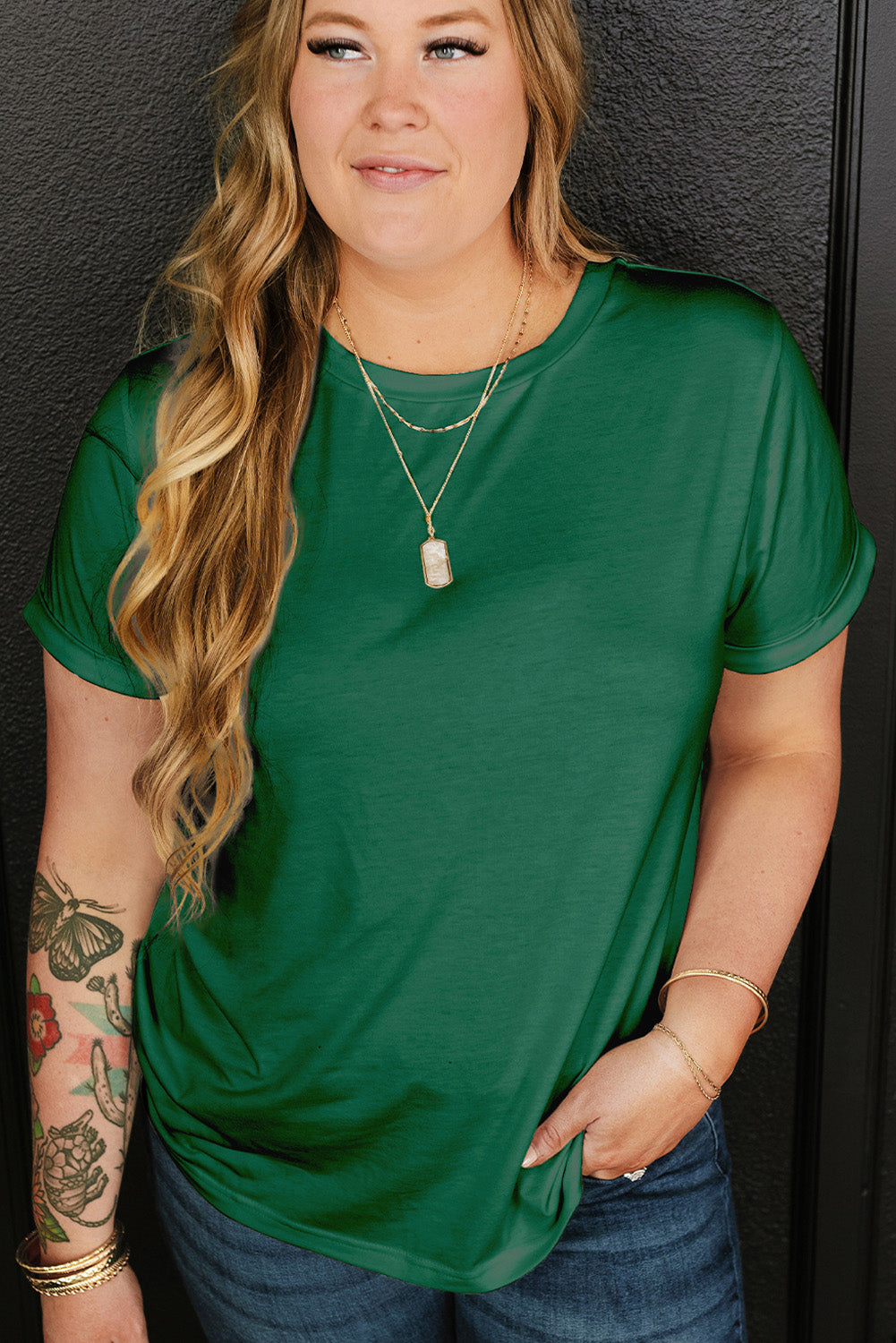 Dark Green Round Neck Rolled Sleeve Plus Size T-shirt - Snoopy's Closet