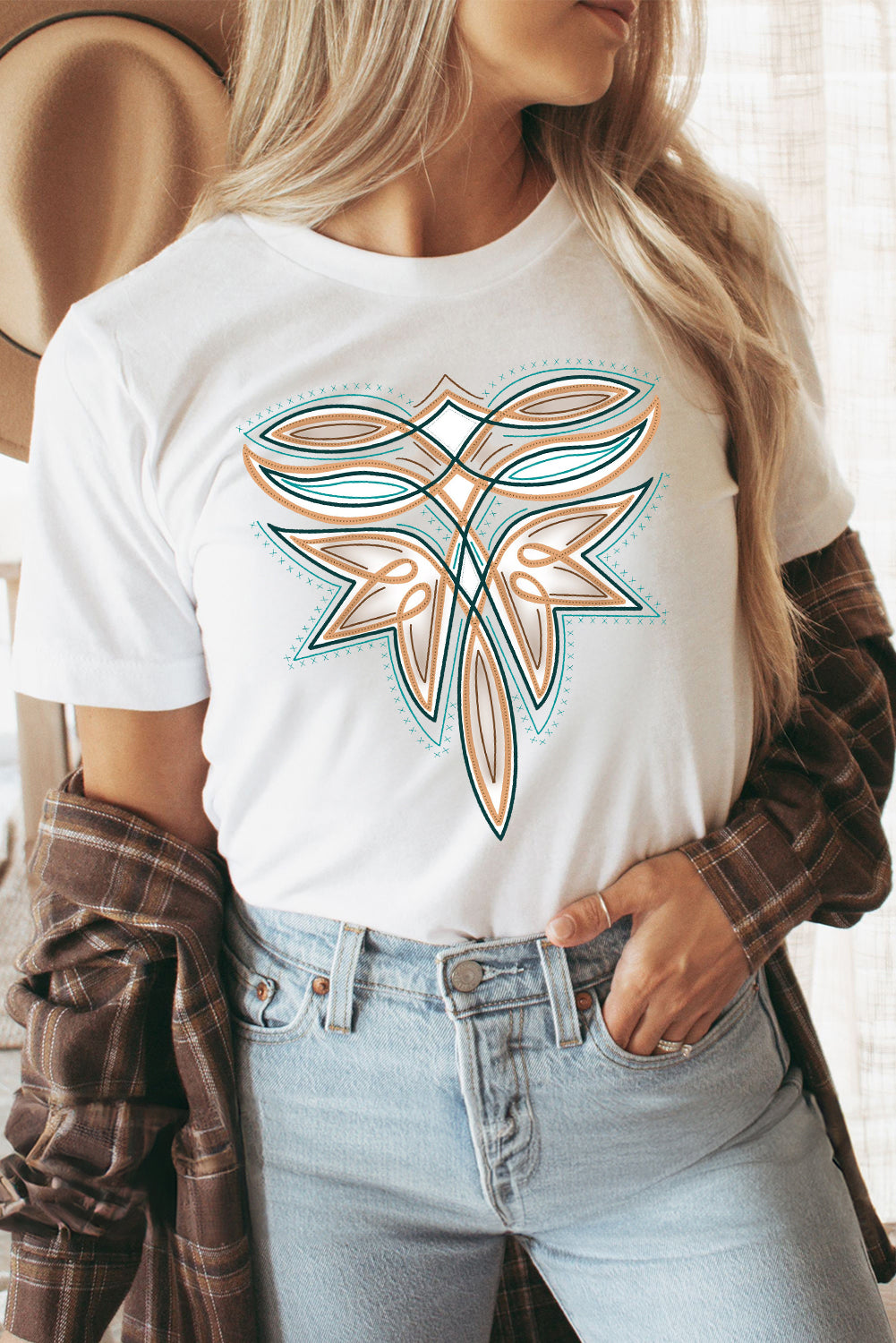 Camiseta de mezcla de algodón con estampado de puntada western blanca