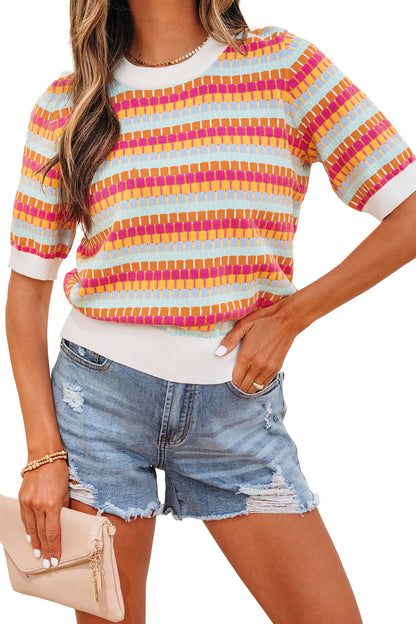 Orange Abstract Striped Knit Short Sleeve Sweater - Snoopy's Closet