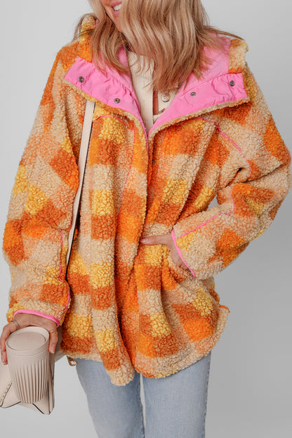 Orange Checkered Sherpa Hooded Jacket - Snoopy's Closet