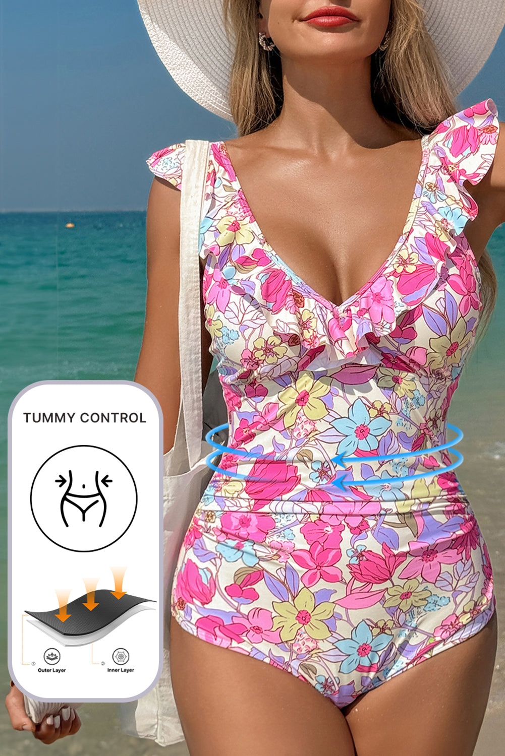 Pink Floral Ruffle Trim V Neck Lace-up Back Tummy Control One Piece Swimsuit - Snoopy's Closet