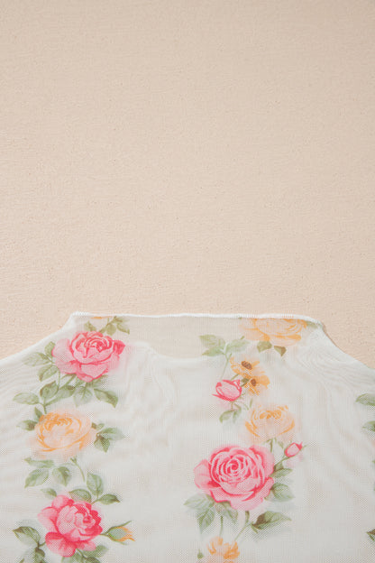 Beige Floral Print Mock Neck Short Sleeve Mesh Top