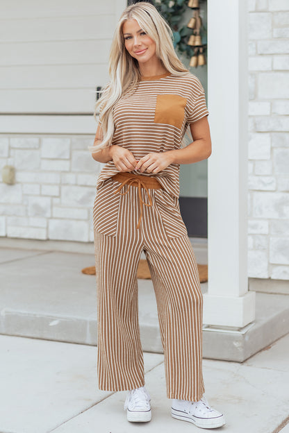 Sky Blue Stripe Crew Neck Tee Drawstring Waist Cropped Pants Set - Snoopy's Closet