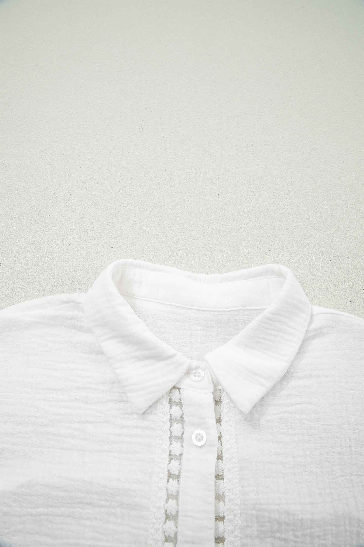 White Lace Trim Cuffed Short Sleeve Textured Shirt
