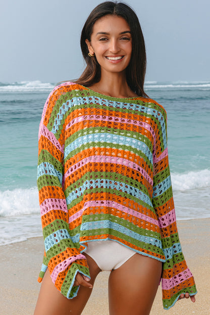 Purple Multi Stripe Open Knit Sweater Beach Cover Up - Snoopy's Closet